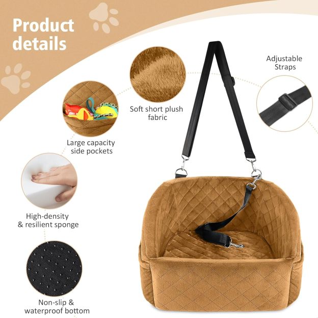 Dog Car Seat for Small Medium Dogs,Detachable Washable Dog Booster Seat Under 30lbs,Pet Car Seat Travel Bed with Storage Pockets and Dog Safety Belt (Brown)