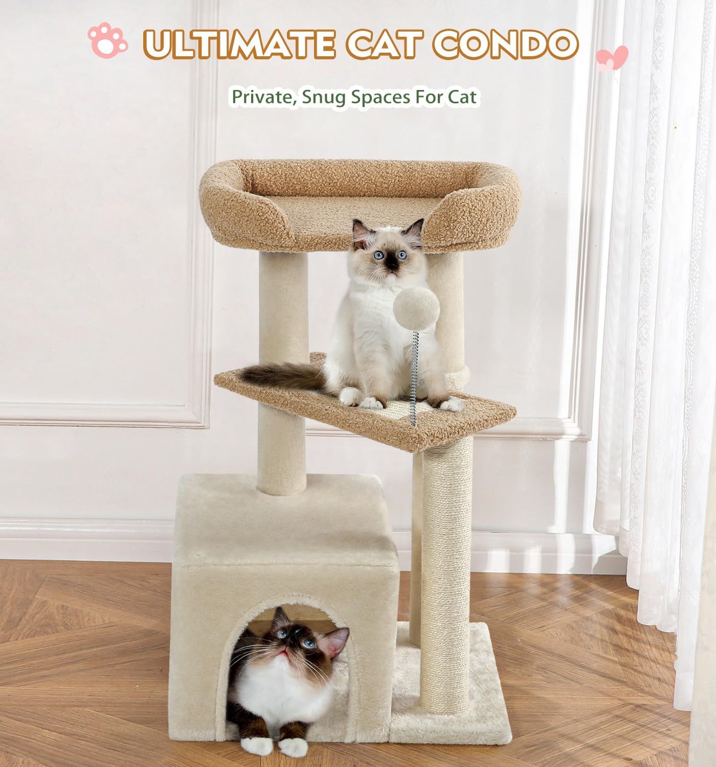 Carpet Cat Tower Grey for Indoors Cats, Cute Wood Kitty Condo with Scratching Post and Pad, 29" Multi-Level Modern Activity Climbing Furniture