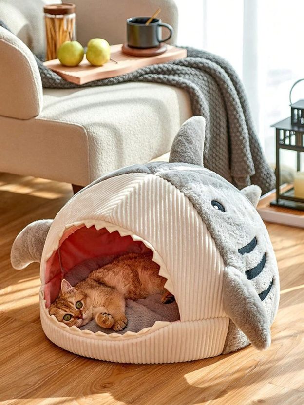 Cat Mat Shark-Shaped Kennel Kitten Bed Hideout House Warm Soft Comfortable Semi-Closed Cat Dog Nest Grey Small