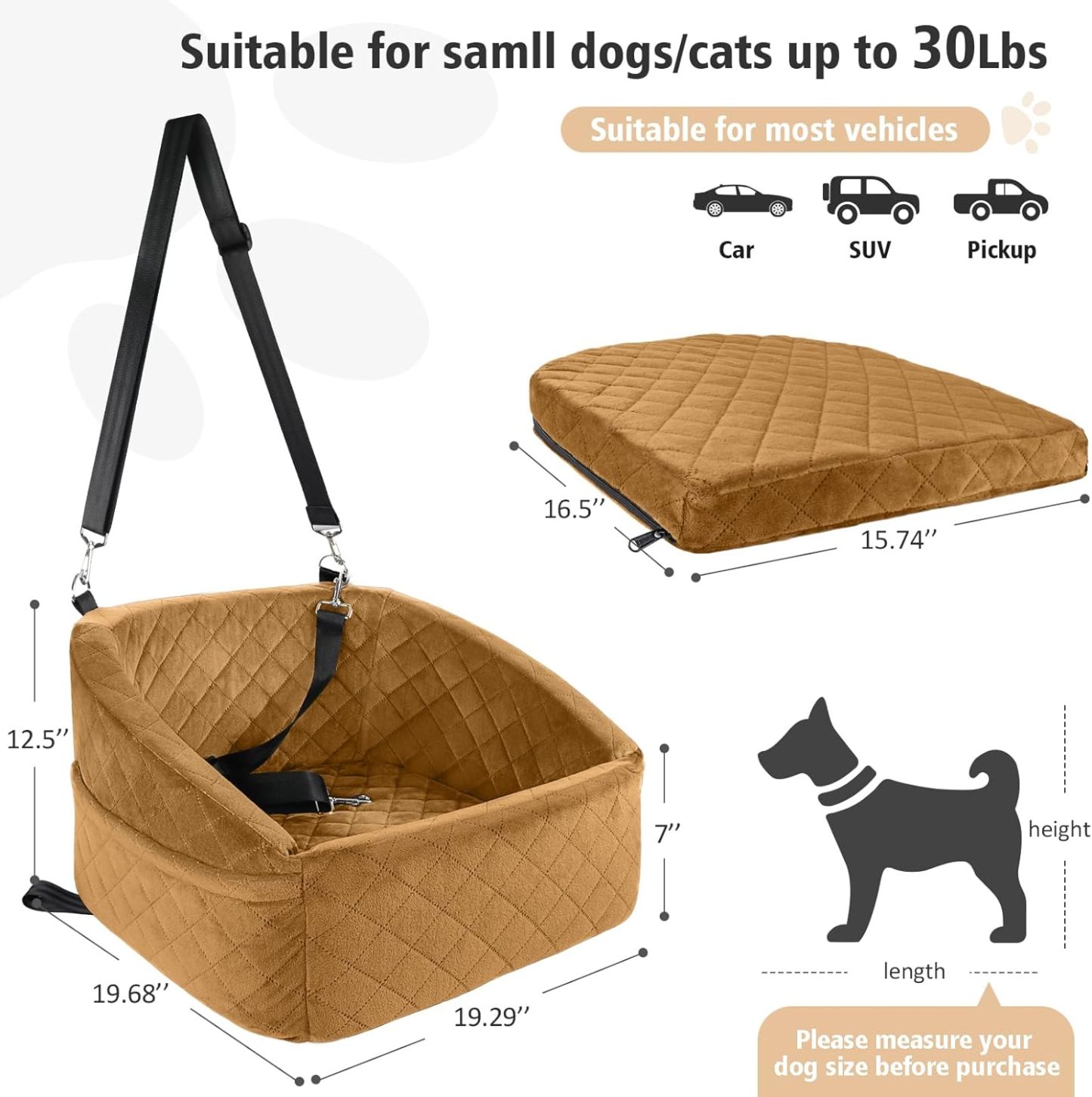 Dog Car Seat for Small Medium Dogs,Detachable Washable Dog Booster Seat Under 30lbs,Pet Car Seat Travel Bed with Storage Pockets and Dog Safety Belt (Brown)