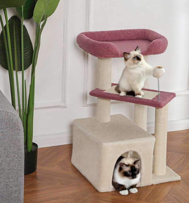 Carpet Cat Tower Grey for Indoors Cats, Cute Wood Kitty Condo with Scratching Post and Pad, 29" Multi-Level Modern Activity Climbing Furniture