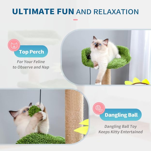 Cactus Cat Tree, Green Cat Tower with Plush Perch for Small Indoor Kittens, Cat Scratcher with 2 Levels Platform for Kitty