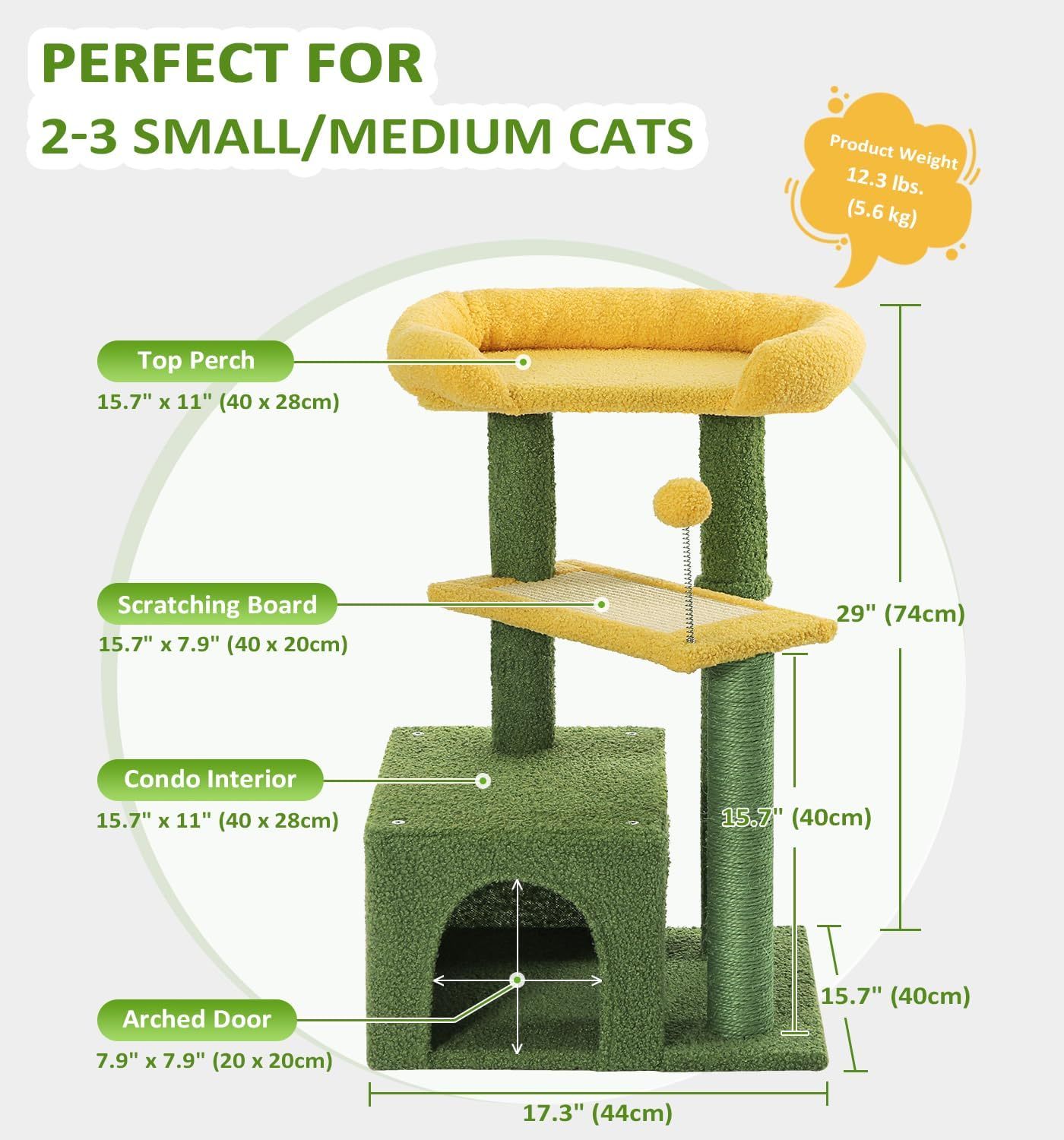 Small Cat Tower for Indoors Cats, Cute Wood Kitty Condo with Scratching Post and Pad, 29" Multi-Level Modern Activity Climbing Furniture