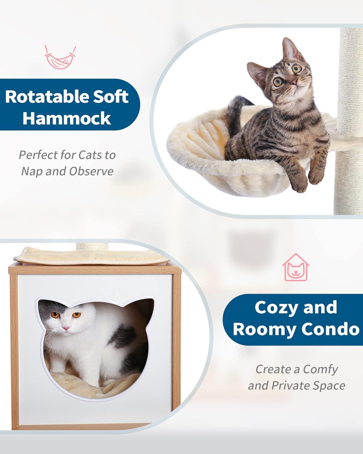 Modern Cat Tree Tower for Indoor Cats - 65" Tall Wood Condo with Hammock