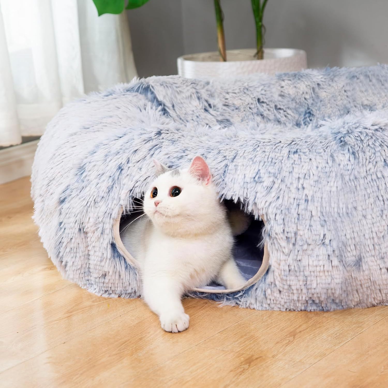 Warm Fluffy Plush Cat Dog Tunnel Bed with Washable Cushion-Big Tube Playground Toys 3 FT Diameter Longer Crinkle Collapsible 3 Way, for Indoor Cat Kitty Kitten Puppy Rabbit Ferret Blue