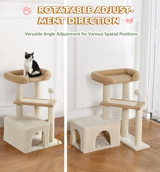 Carpet Cat Tower Grey for Indoors Cats, Cute Wood Kitty Condo with Scratching Post and Pad, 29" Multi-Level Modern Activity Climbing Furniture