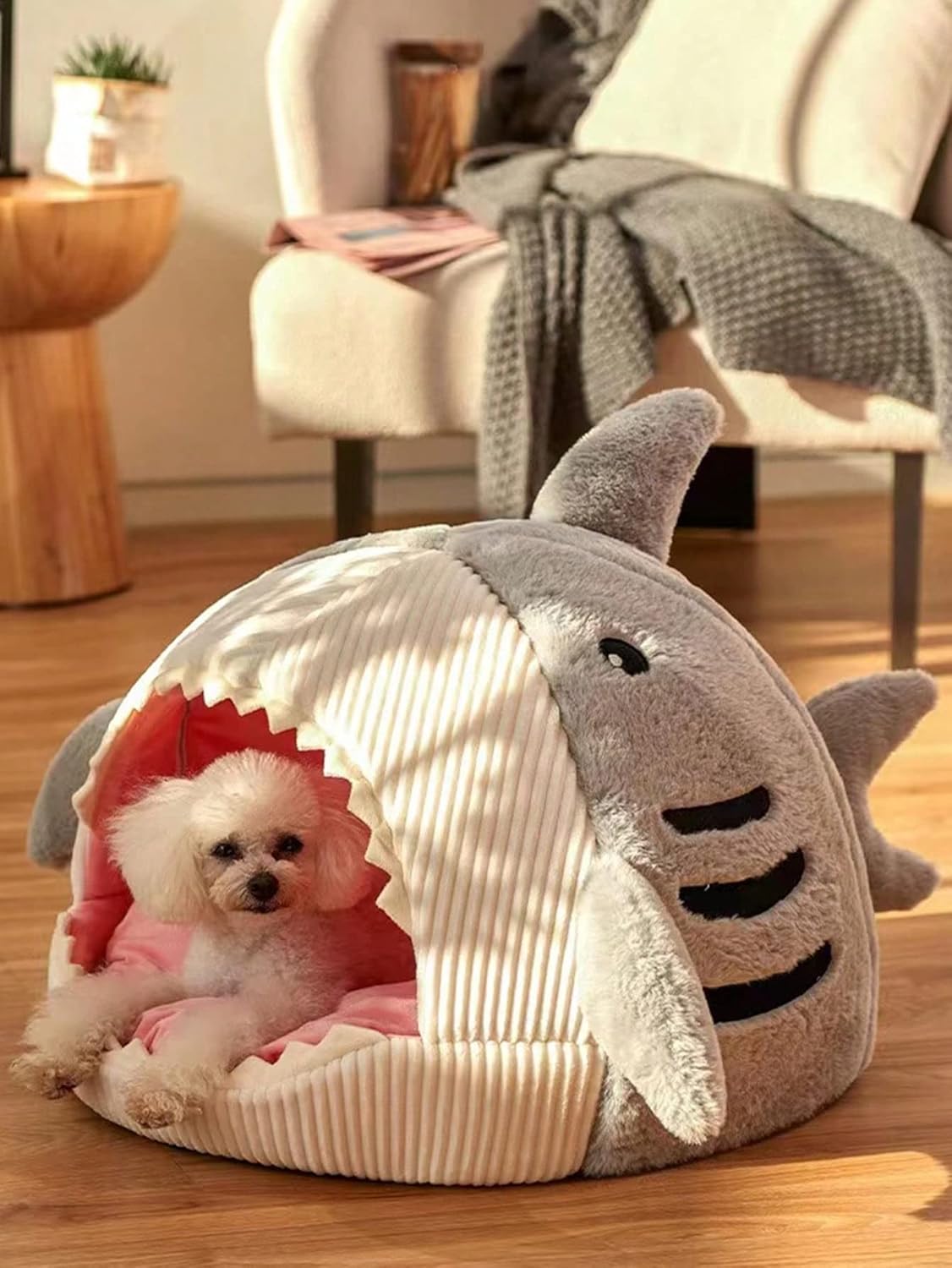 Cat Mat Shark-Shaped Kennel Kitten Bed Hideout House Warm Soft Comfortable Semi-Closed Cat Dog Nest Grey Small