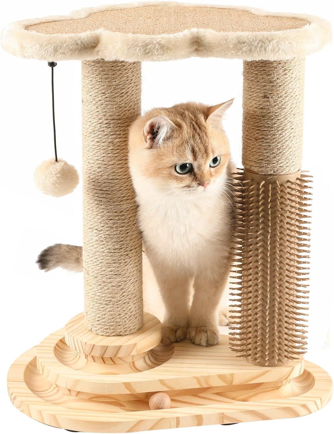 Cat Scratching Post, Cat Self Groomer for Indoor Cats, Cloud Soft Perch for Rest, 17.5" Tall Natural Sisal Scratcher Cat Grooming Interactive Ball Track Toys for Small Cats Kittens