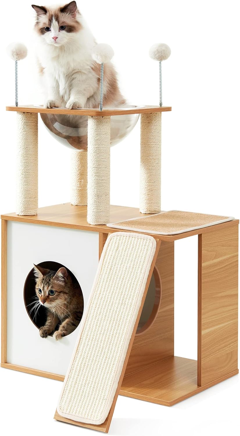 Cat Tree for Indoor Cats, Modern Cat Tower Tall for Large Cats Kitten, Wood Kitty Condo Climbing Furniture Heavy Duty, Vesper Cute Castle with Scratching Post and Ramp