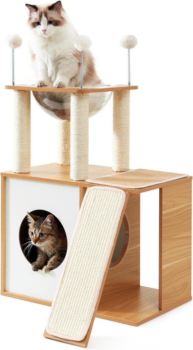 Cat Tree for Indoor Cats, Modern Cat Tower Tall for Large Cats Kitten, Wood Kitty Condo Climbing Furniture Heavy Duty, Vesper Cute Castle with Scratching Post and Ramp