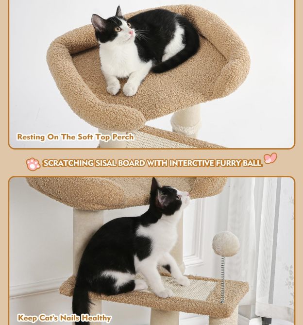 Carpet Cat Tower Grey for Indoors Cats, Cute Wood Kitty Condo with Scratching Post and Pad, 29" Multi-Level Modern Activity Climbing Furniture