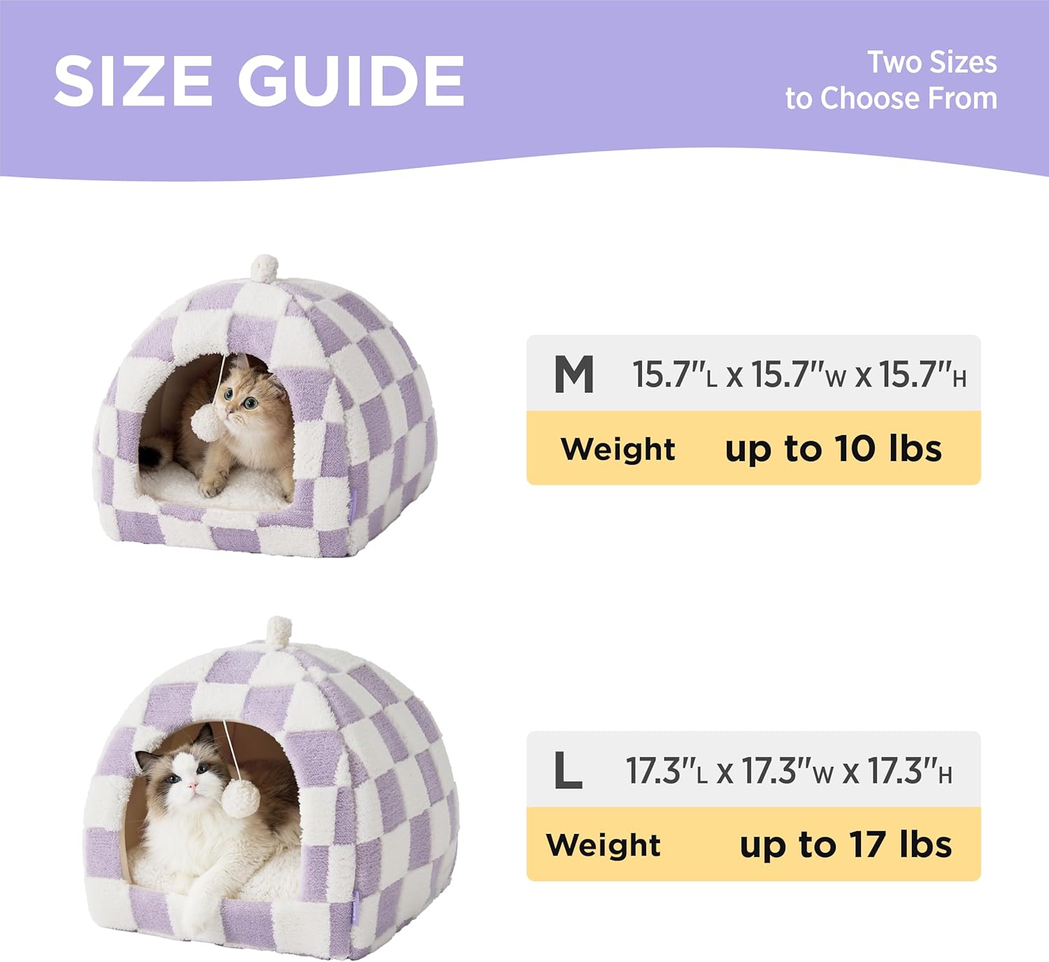 Cute Cat Beds for Indoor Cats - 2 in 1 Cat Cave Bed for Large Cats, Cat House with Removable Washable Cushioned Pillow, Cozy Cat Tent House with Non-Slip Bottom, Purple, 17.3 inches