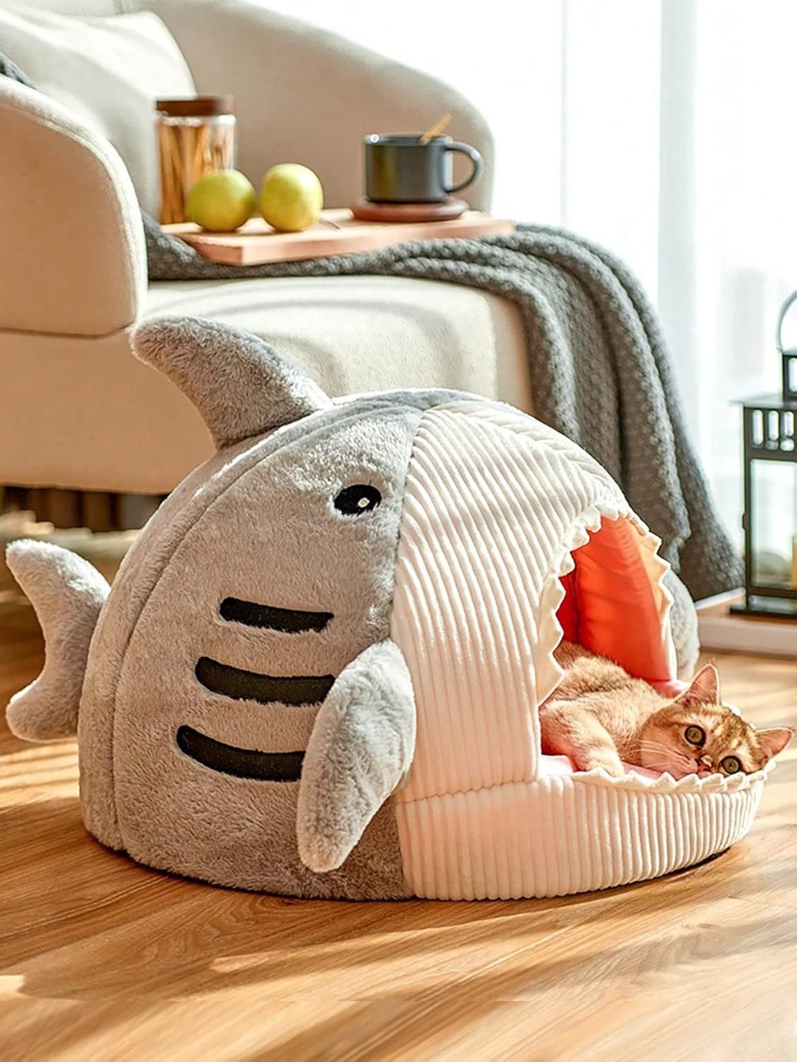 Cat Mat Shark-Shaped Kennel Kitten Bed Hideout House Warm Soft Comfortable Semi-Closed Cat Dog Nest Grey Small