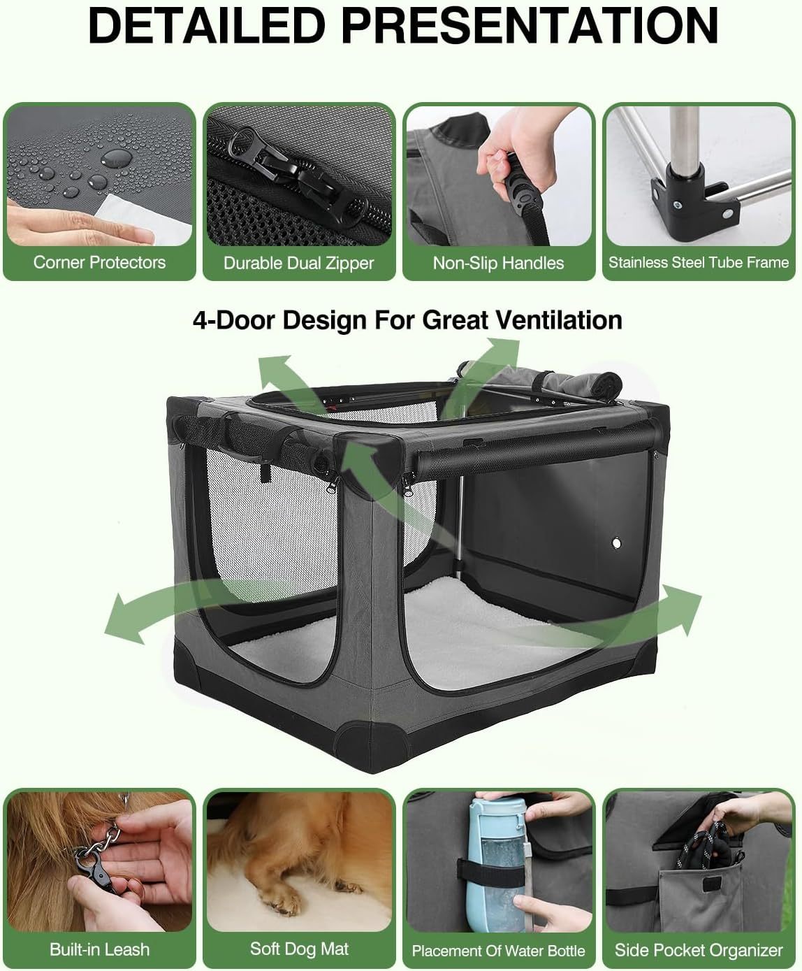 30 Inch Collapsible Travel Dog Crate for Medium Large Dogs, Portable Dog Crate 4-Door Foldable Soft Kennel with Chew-Proof Mesh Windows