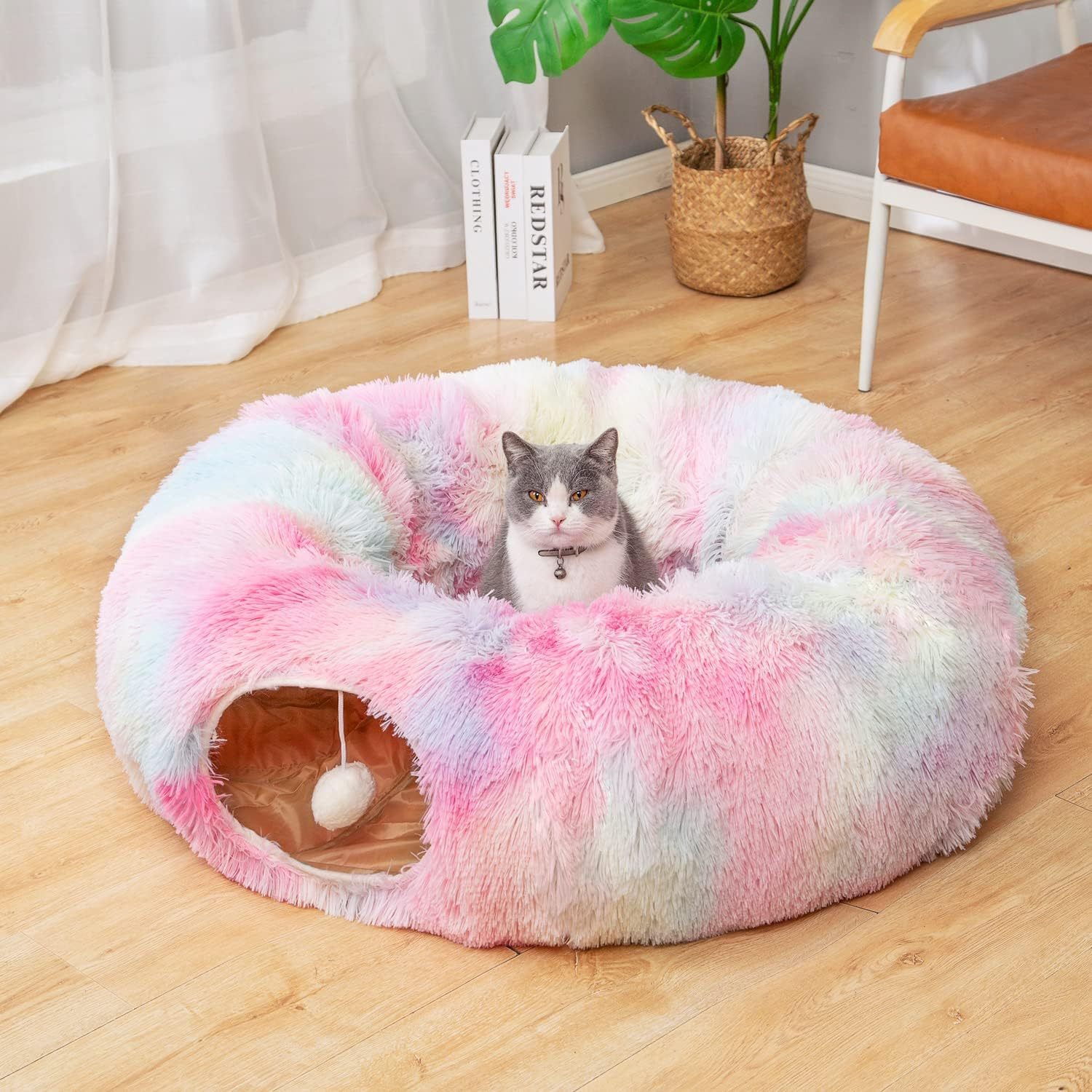 Warm Fluffy Plush Cat Dog Tunnel Bed with Washable Cushion-Big Tube Playground Toys 3 FT Diameter Longer Crinkle Collapsible 3 Way, for Indoor Cat Kitty Kitten Puppy Rabbit Ferret Rainbow