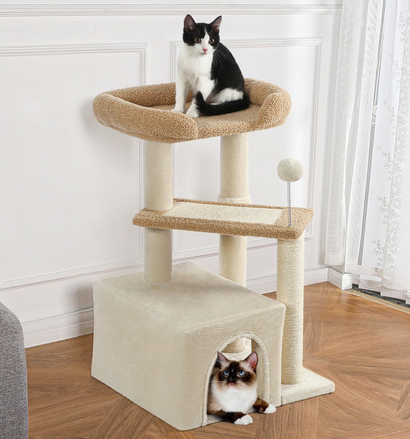 Carpet Cat Tower Grey for Indoors Cats, Cute Wood Kitty Condo with Scratching Post and Pad, 29" Multi-Level Modern Activity Climbing Furniture