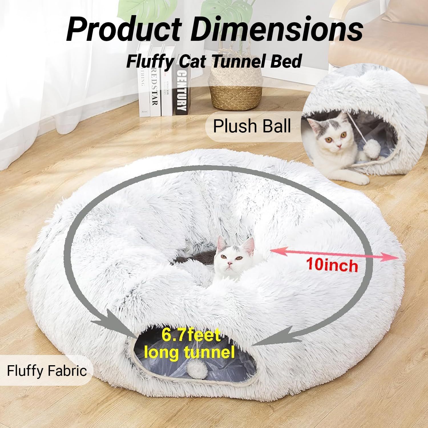 Warm Fluffy Plush Cat Dog Tunnel Bed with Washable Cushion-Big Tube Playground Toys 3 FT Diameter Longer Crinkle Collapsible 3 Way, for Indoor Cat Kitty Kitten Puppy Rabbit Ferret White