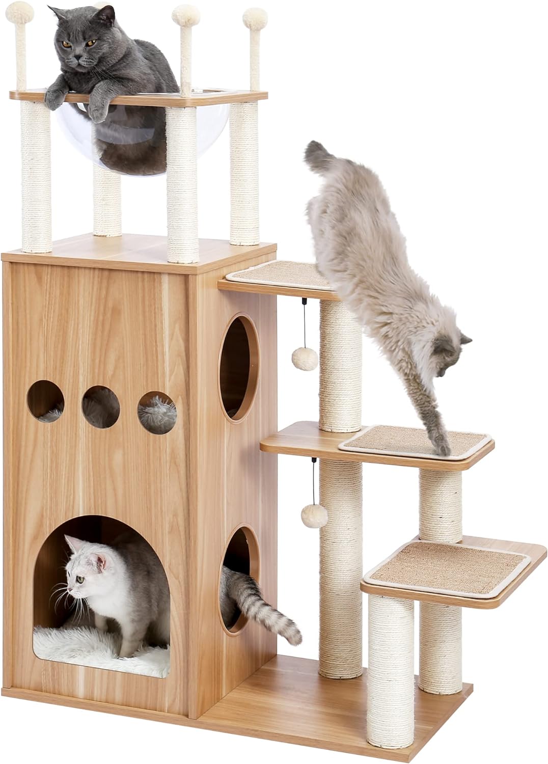 Modern Cat Tree for Large Cat, Wood Cat Tower Heavy Duty with Scratch Post for Indoor Big Cats, 51" Extra Tall Cat Condo