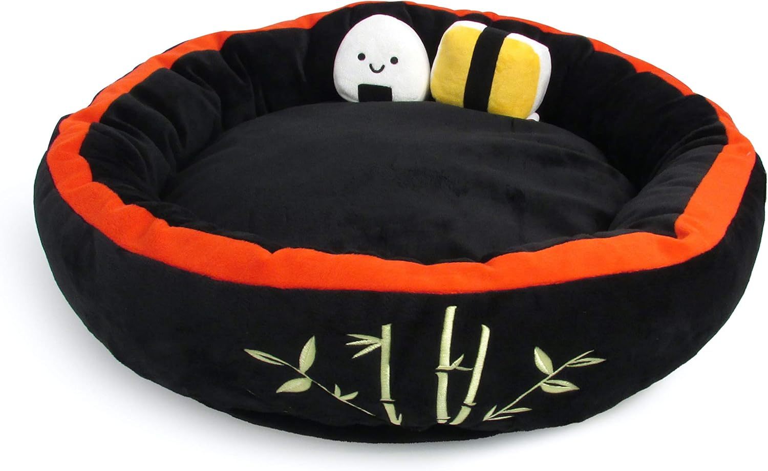 Soft Plush Small Cute and Cozy Sushi Dog Cat Bed with Two Sushi Crinkle Toys, Washer and Dryer Friendly, (Black)