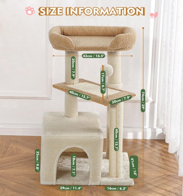Carpet Cat Tower Grey for Indoors Cats, Cute Wood Kitty Condo with Scratching Post and Pad, 29" Multi-Level Modern Activity Climbing Furniture