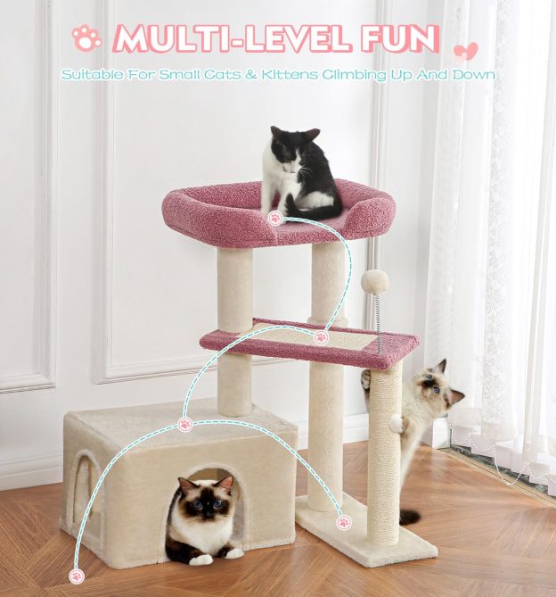 Carpet Cat Tower Grey for Indoors Cats, Cute Wood Kitty Condo with Scratching Post and Pad, 29" Multi-Level Modern Activity Climbing Furniture