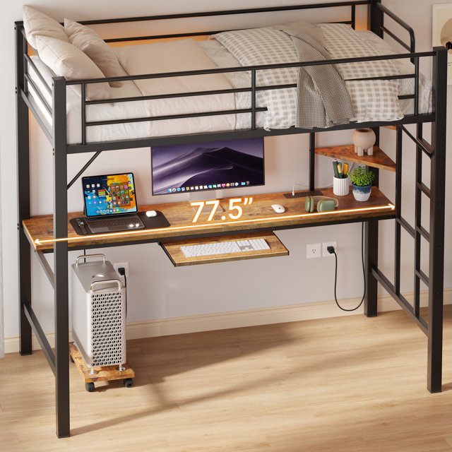 Lofka Loft Bed Twin Size, Heavy Duty Metal Bed Frames with Desk, Charging Sation, LED Lights, Storage ShelvesSafety Guard and Ladder