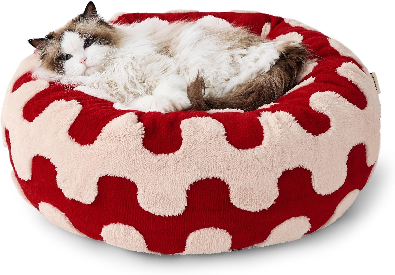 Donut Small Dog Bed - Round Cat Beds for Indoor Cats Anti-Anxiety Calming Pet Beds, Washable Cute Modern Beds with Teddy Sherpa Plush & Anti Slip Bottom Red