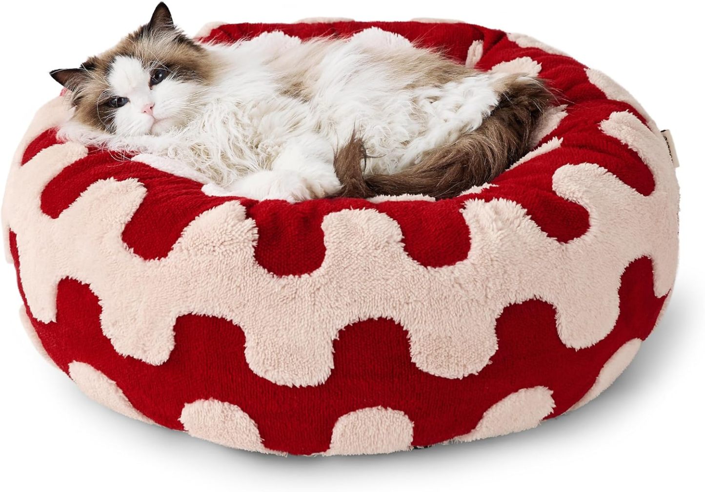 Donut Small Dog Bed - Round Cat Beds for Indoor Cats Anti-Anxiety Calming Pet Beds, Washable Cute Modern Beds with Teddy Sherpa Plush & Anti Slip Bottom Red