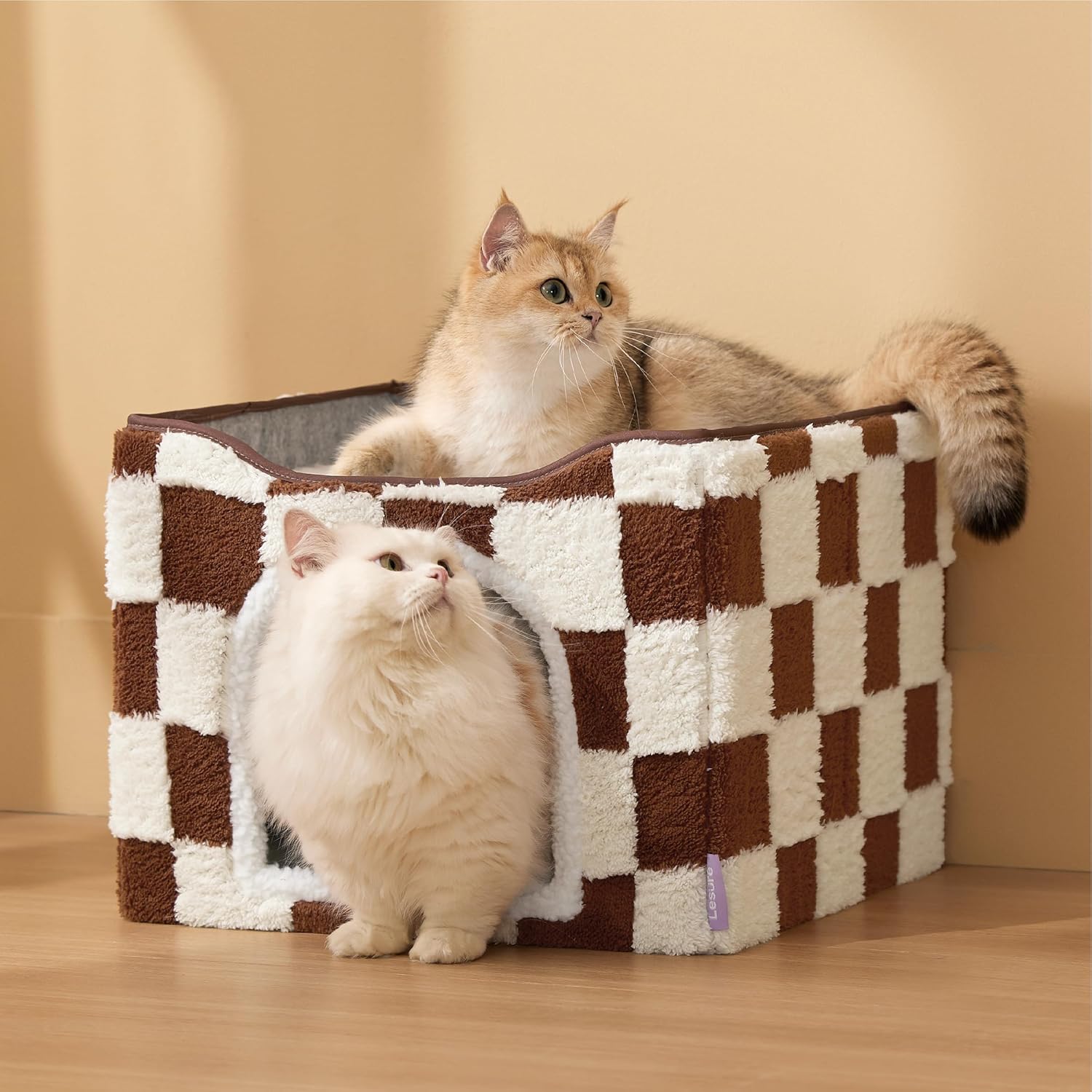 Cat Beds for Indoor Cats Cube House- Large Cat Cave for Pet Cat House with Fluffy Ball Hanging, Foldable Cat Hideaway, 16.5x16.5x13 inches, Brown Checks