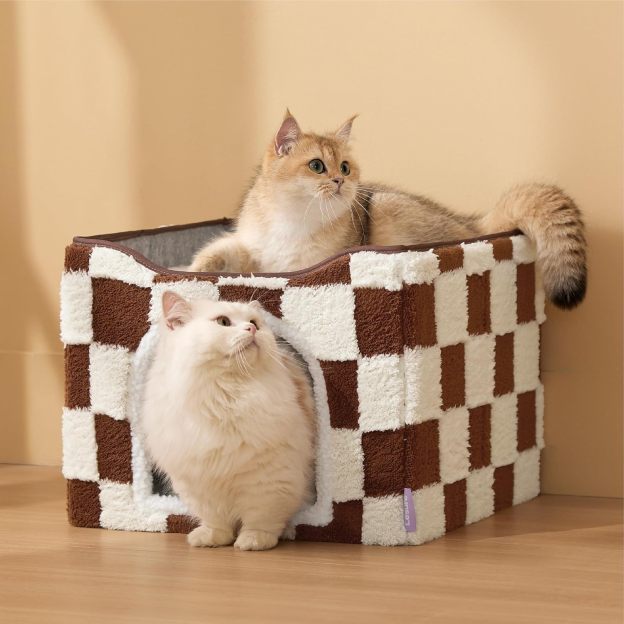 Cat Beds for Indoor Cats Cube House- Large Cat Cave for Pet Cat House with Fluffy Ball Hanging, Foldable Cat Hideaway, 16.5x16.5x13 inches, Brown Checks