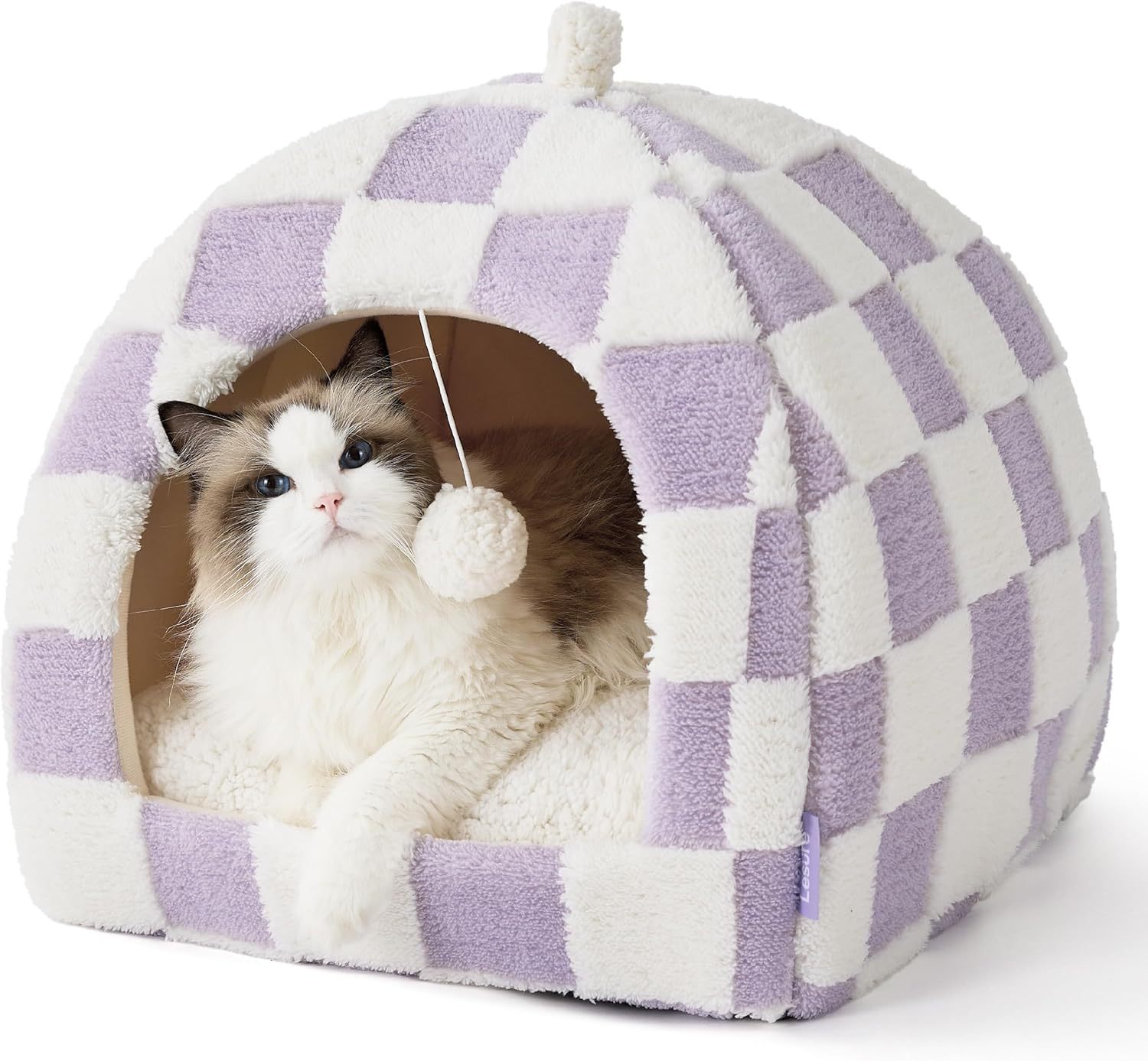 Cute Cat Beds for Indoor Cats - 2 in 1 Cat Cave Bed for Large Cats, Cat House with Removable Washable Cushioned Pillow, Cozy Cat Tent House with Non-Slip Bottom, Purple, 17.3 inches