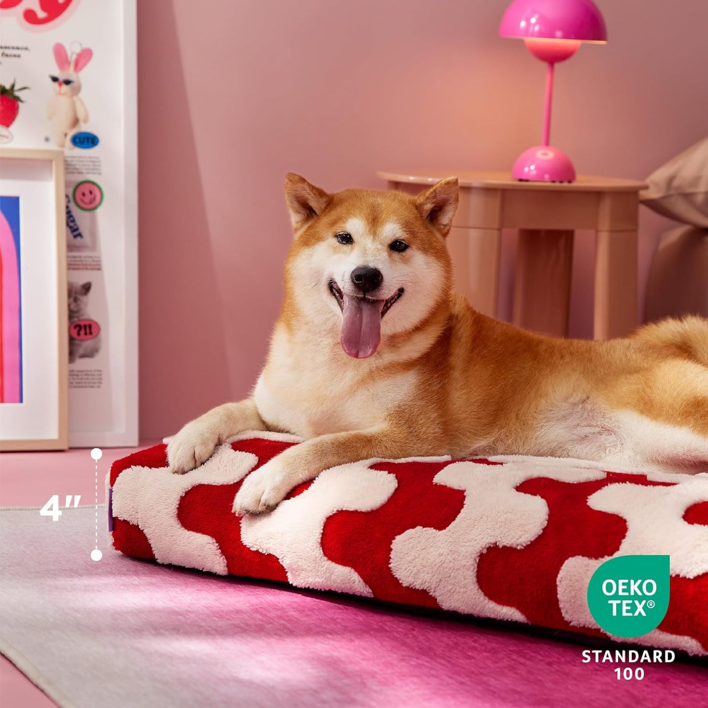 Extra Large Dog Bed-Thick Shredded Chopped Foam Pet Bed, Dog Bed Indoor with Removable Cover, Cute Modern Fuzzy Plush & Anti Slip Bottom(44x32', Red)