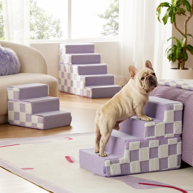 Dog Stairs for High Bed 22.5" H 5-Step Dog Steps for Couch Sofa and Chairs Foldable Foam Pet Stairs Jacquard Shaggy Plush for Small Dogs with Supporting Board and Non-Slip Bottom, Iris Purple