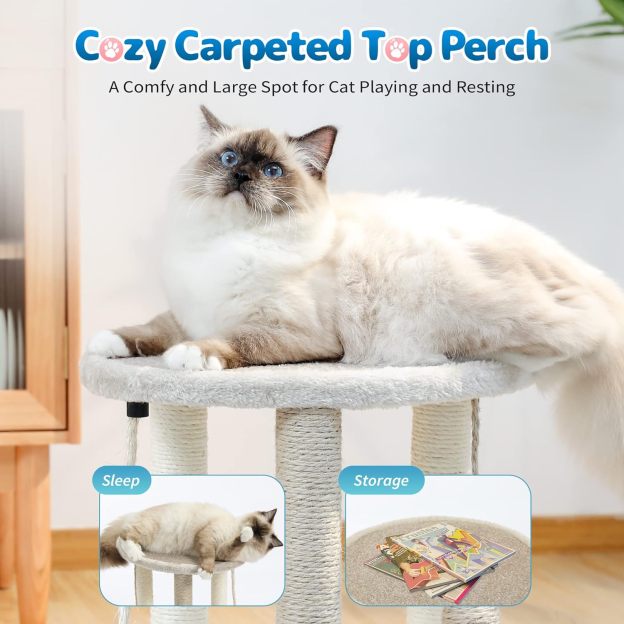 Cat Scratching Post,3 Cat Scratcher Posts with Soft Carpet Covered Perch,4 in 1 Kitten Toy,17" Small Cute Cat Tree Cat Tower