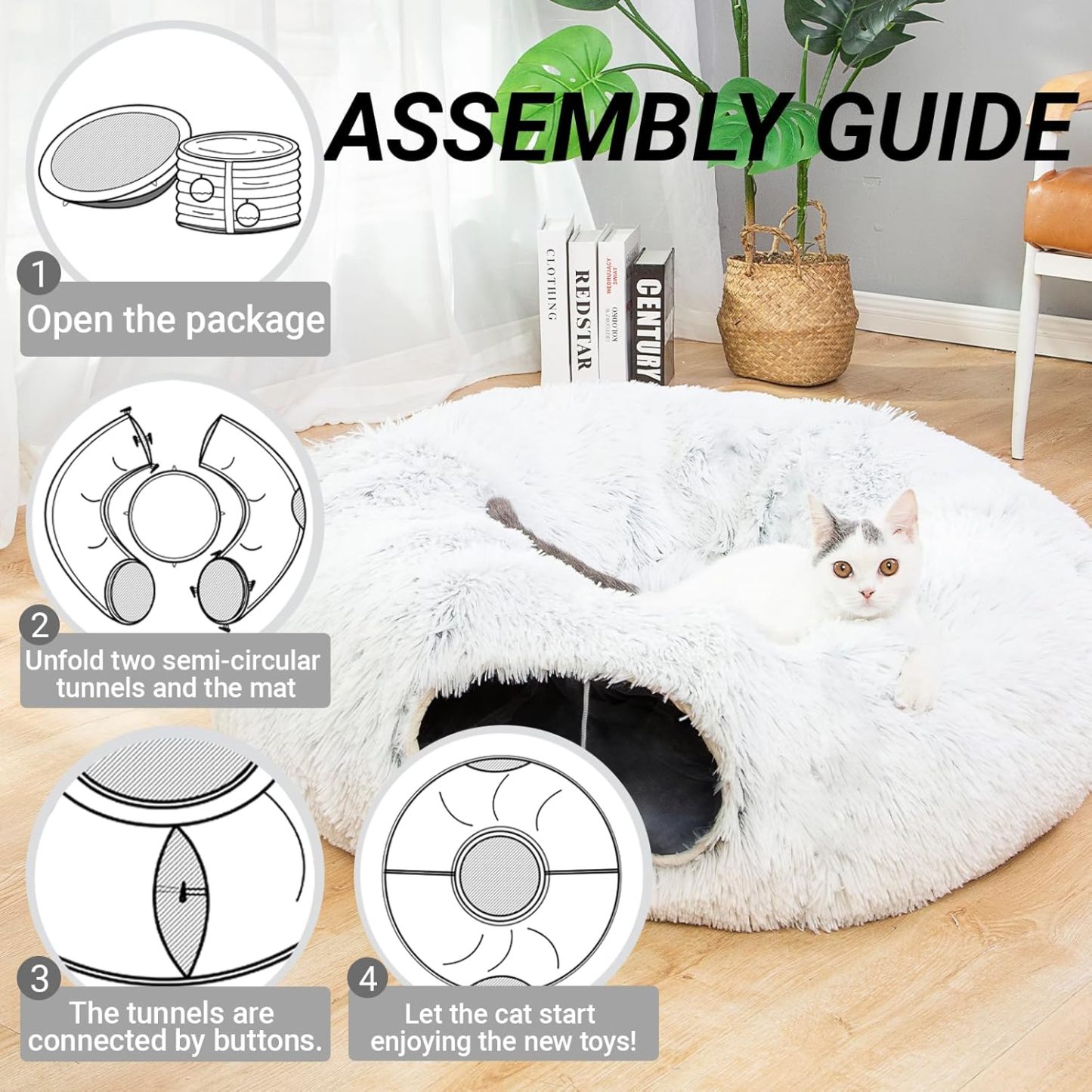 Warm Fluffy Plush Cat Dog Tunnel Bed with Washable Cushion-Big Tube Playground Toys 3 FT Diameter Longer Crinkle Collapsible 3 Way, for Indoor Cat Kitty Kitten Puppy Rabbit Ferret White