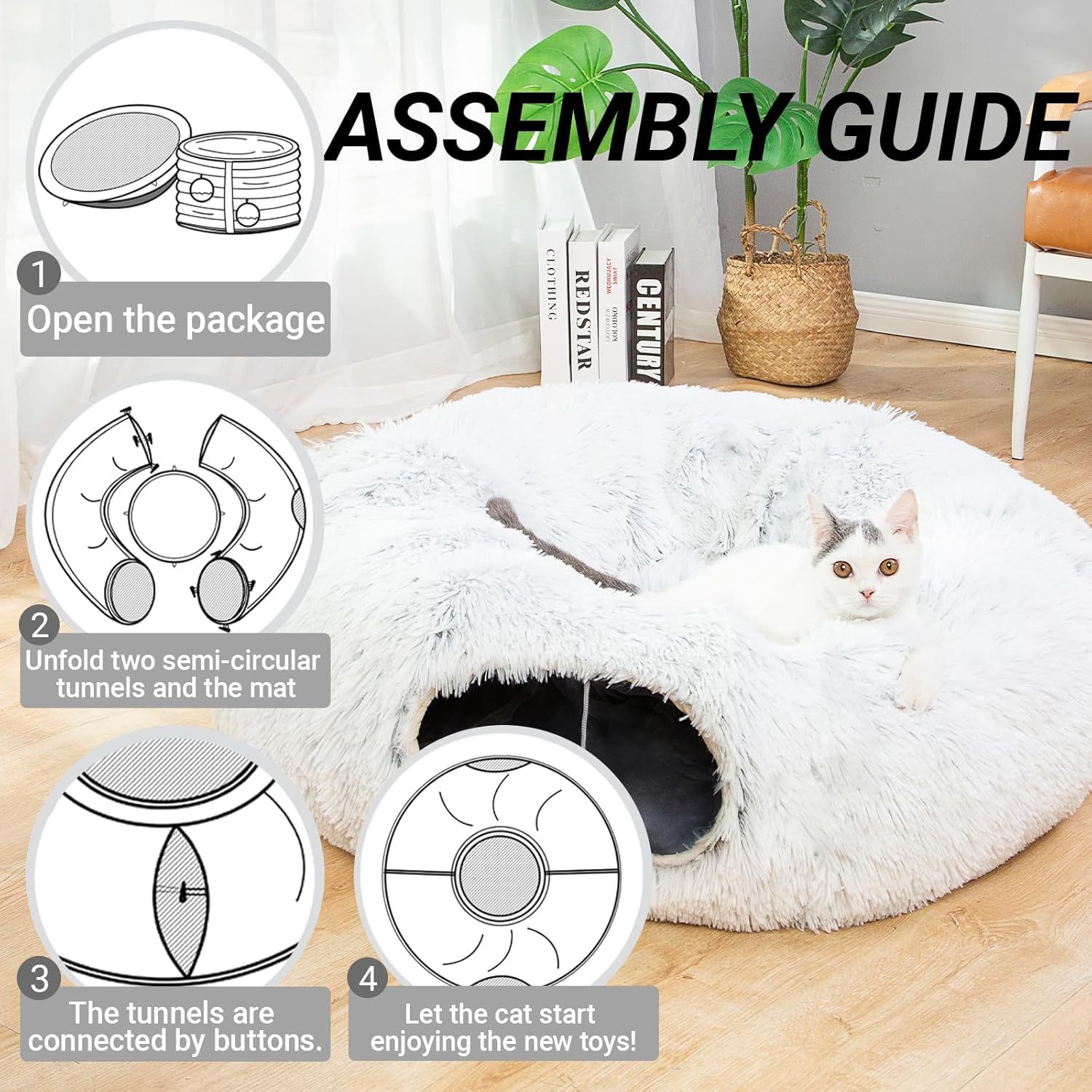 Warm Fluffy Plush Cat Dog Tunnel Bed with Washable Cushion-Big Tube Playground Toys 3 FT Diameter Longer Crinkle Collapsible 3 Way, for Indoor Cat Kitty Kitten Puppy Rabbit Ferret White