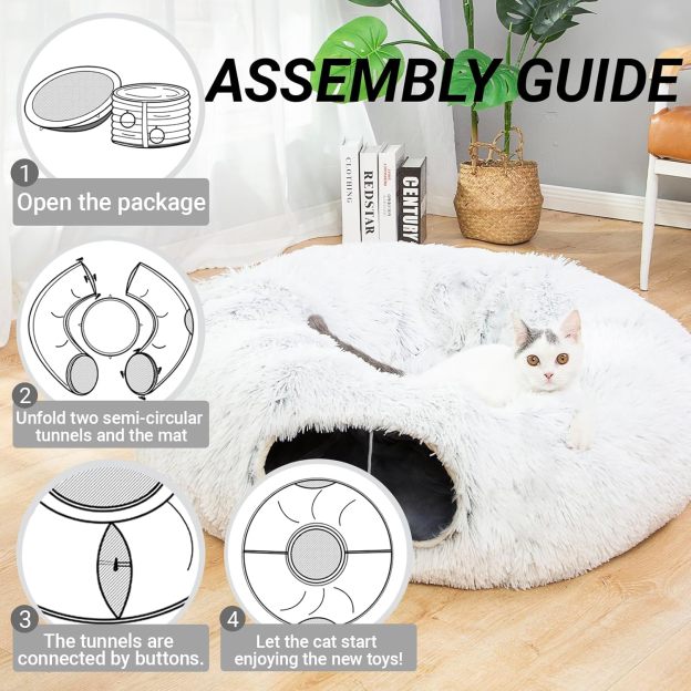 Warm Fluffy Plush Cat Dog Tunnel Bed with Washable Cushion-Big Tube Playground Toys 3 FT Diameter Longer Crinkle Collapsible 3 Way, for Indoor Cat Kitty Kitten Puppy Rabbit Ferret White