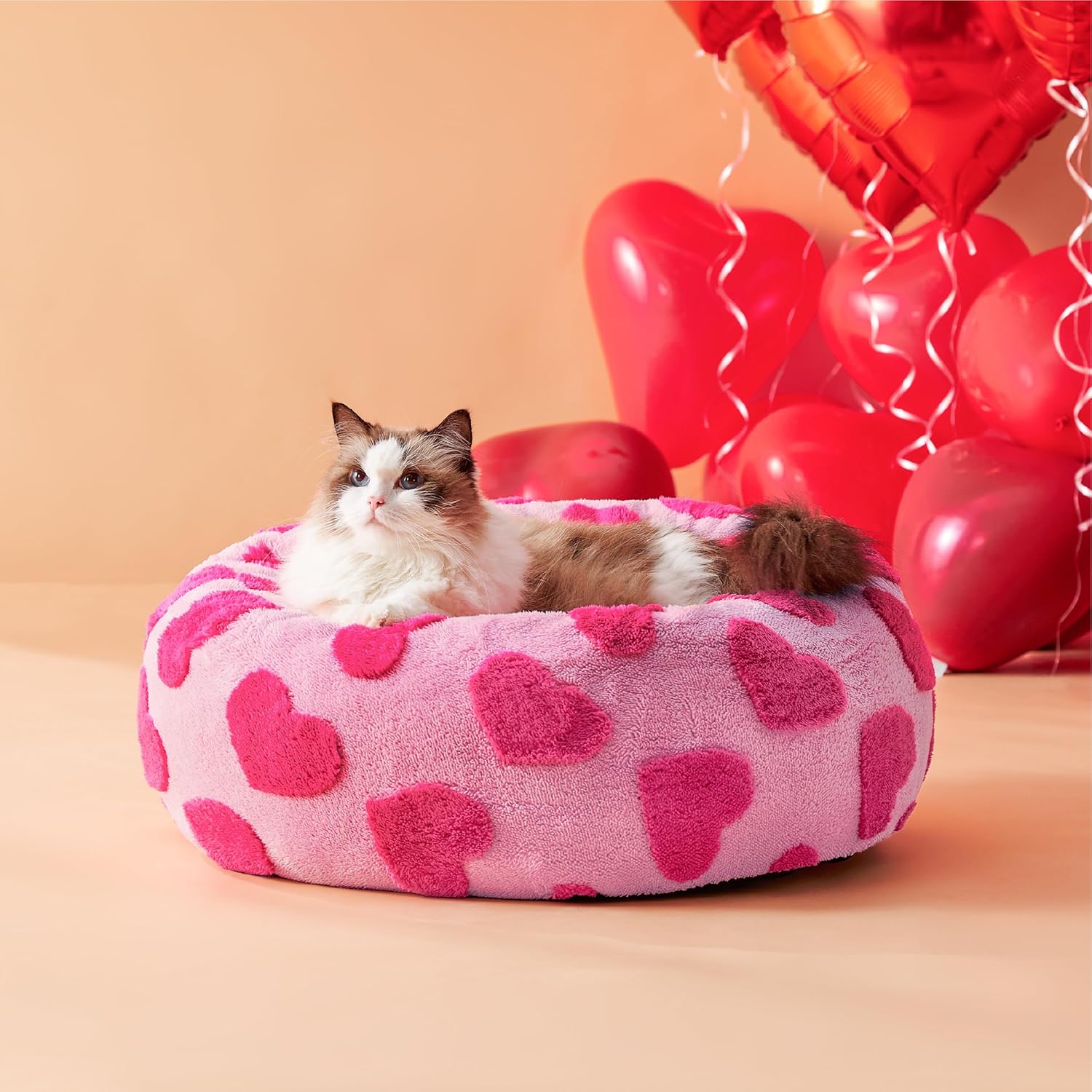 Donut Small Dog Bed - Round Cat Beds for Indoor Cats Anti-Anxiety Calming Pet Beds, Washable Cute Modern Beds with Teddy Sherpa Plush & Anti Slip Bottom, 20 Inch, Heart Pink