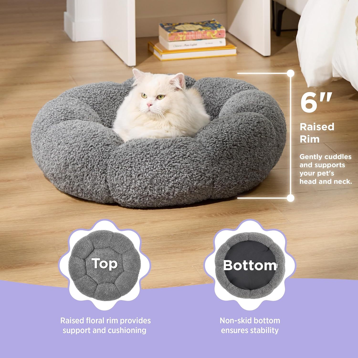 Calming Cat Beds for Indoor Cats - Cute Flower Pet Beds in Teddy Sherpa Plush, Donut Round Fluffy Puppy Bed, Non-Slip Extra Small Dog Bed Fits up to 15 lbs, Machine Washable, Grey 20"