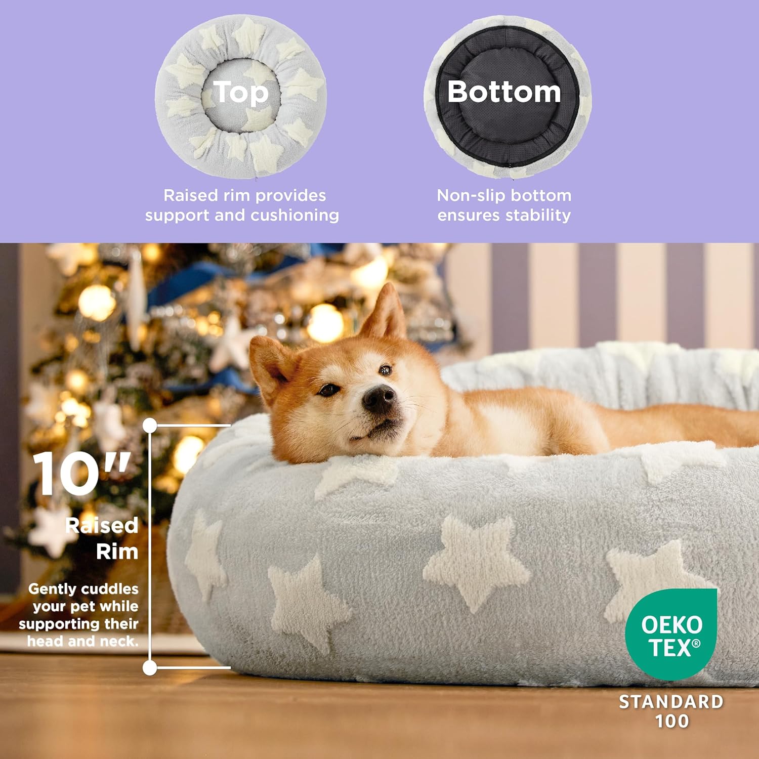 Donut Small Dog Bed - Round Cat Beds for Indoor Cats Anti-Anxiety Calming Pet Beds, Washable Cute Modern Beds with Teddy Sherpa Plush & Anti Slip Bottom, 36 Inch, Galaxy Grey