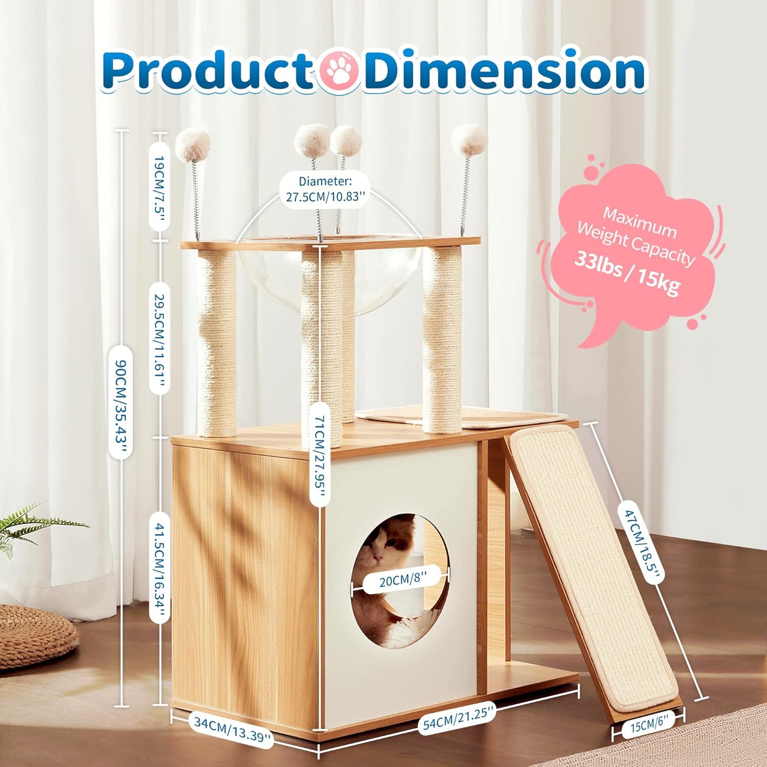 Cat Tree for Indoor Cats, Modern Cat Tower Tall for Large Cats Kitten, Wood Kitty Condo Climbing Furniture Heavy Duty, Vesper Cute Castle with Scratching Post and Ramp