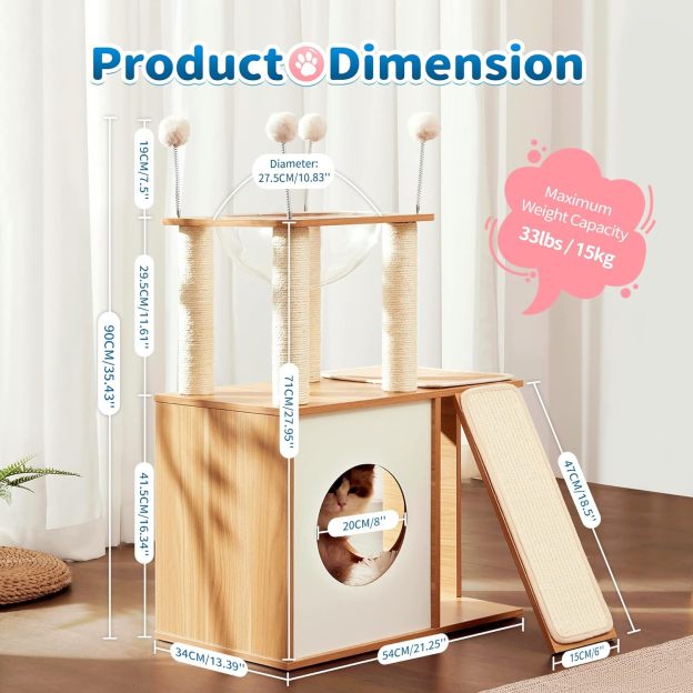 Cat Tree for Indoor Cats, Modern Cat Tower Tall for Large Cats Kitten, Wood Kitty Condo Climbing Furniture Heavy Duty, Vesper Cute Castle with Scratching Post and Ramp
