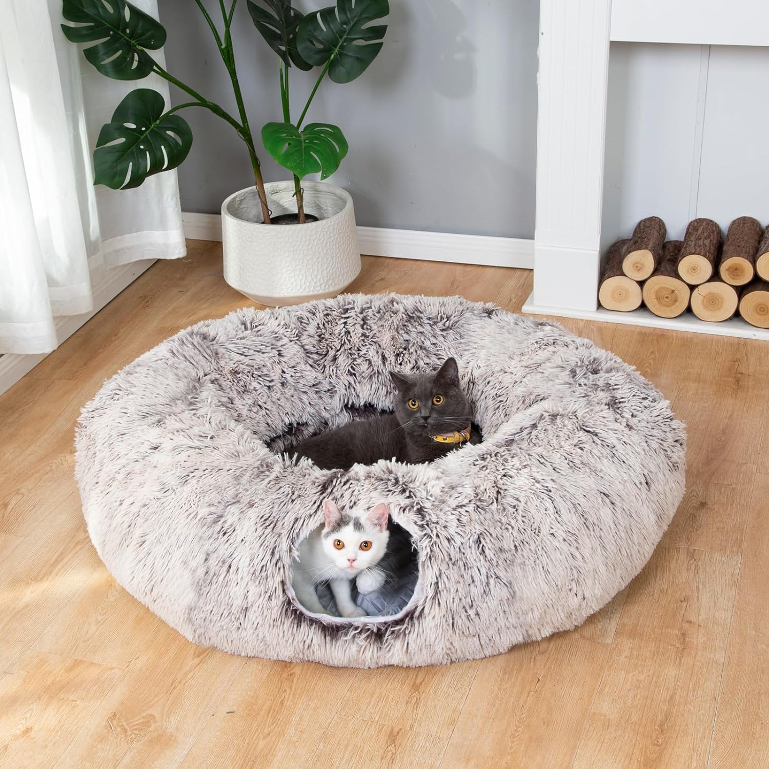 Warm Fluffy Plush Cat Dog Tunnel Bed with Washable Cushion-Big Tube Playground Toys 3 FT Diameter Longer Crinkle Collapsible 3 Way, for Indoor Cat Kitty Kitten Puppy Rabbit Ferret Brown