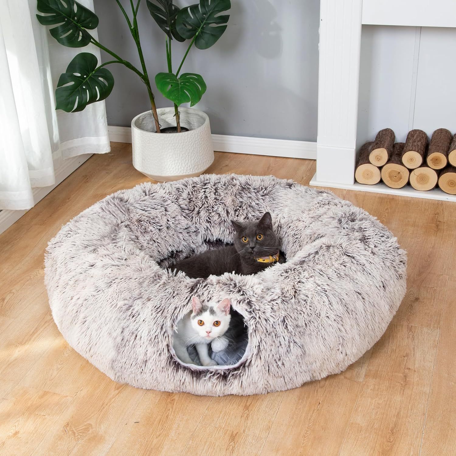 Warm Fluffy Plush Cat Dog Tunnel Bed with Washable Cushion-Big Tube Playground Toys 3 FT Diameter Longer Crinkle Collapsible 3 Way, for Indoor Cat Kitty Kitten Puppy Rabbit Ferret Brown