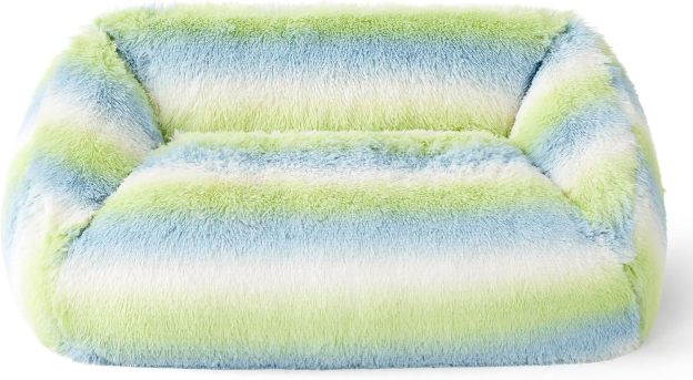 Dog Bed Medium Size - Cute Furry Calming Puppy Beds, Rectangle Washable Indoor Pet Beds with Removable Zipper Cover, 35x25x11inches, Green Stripe