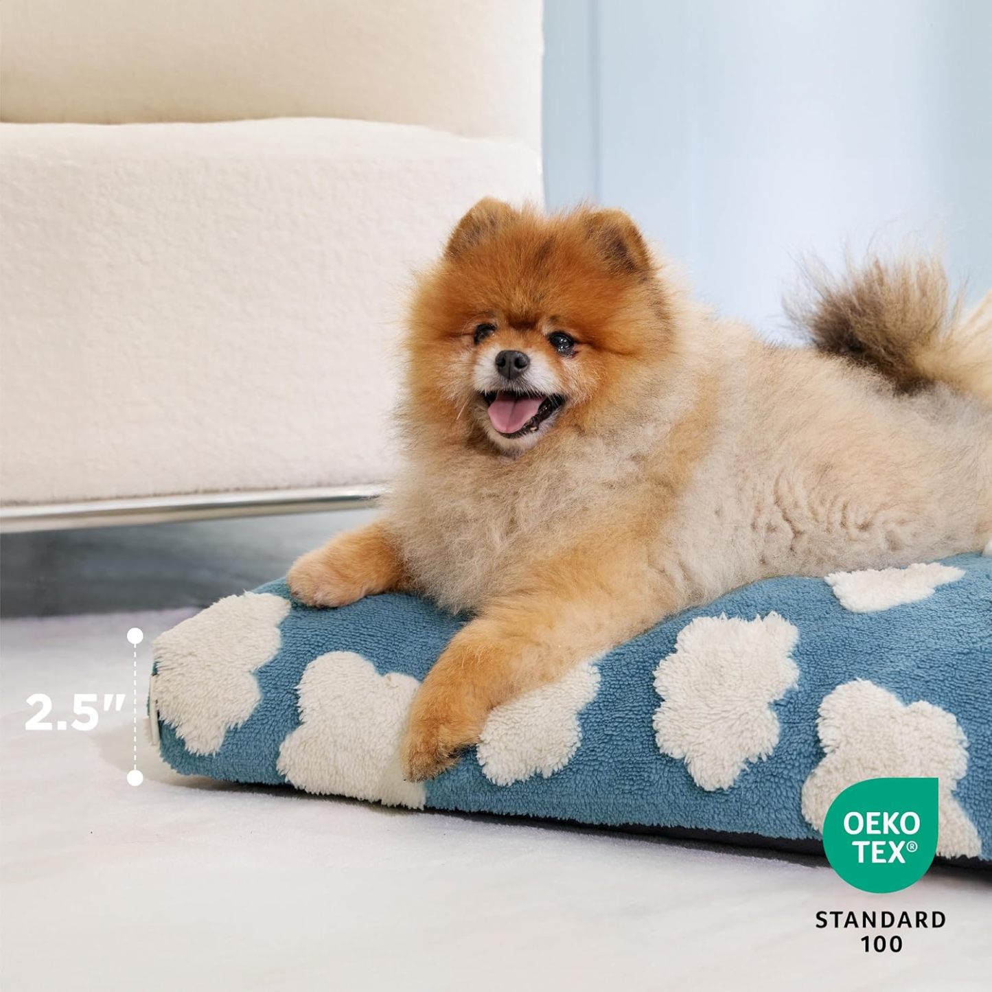 Small Dog Beds-Thick Shredded Chopped Foam Pet Bed, Dog Bed Indoor with Removable Cover, Cute Modern Fuzzy Plush & Anti Slip Bottom(24'x16', Blue)