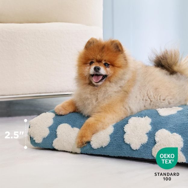 Small Dog Beds-Thick Shredded Chopped Foam Pet Bed, Dog Bed Indoor with Removable Cover, Cute Modern Fuzzy Plush & Anti Slip Bottom(24'x16', Blue)