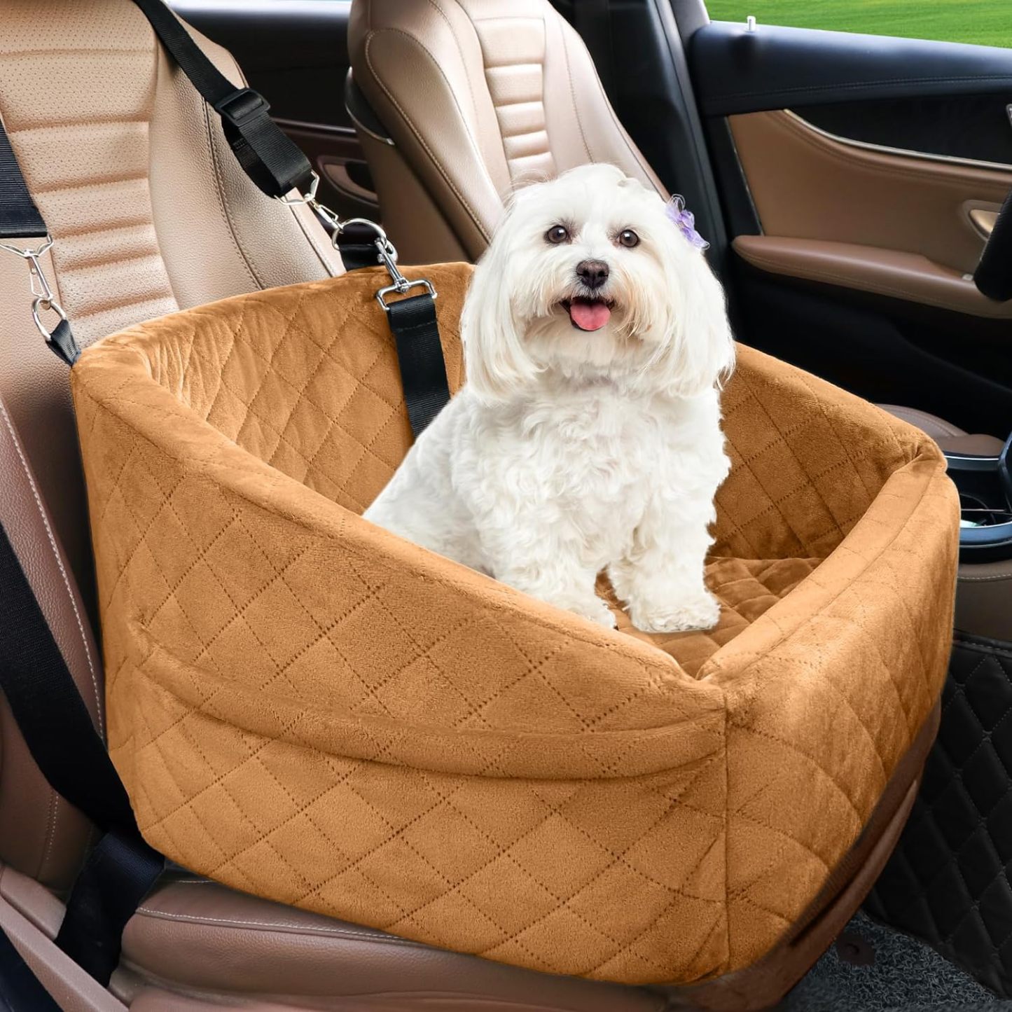 Dog Car Seat for Small Medium Dogs,Detachable Washable Dog Booster Seat Under 30lbs,Pet Car Seat Travel Bed with Storage Pockets and Dog Safety Belt (Brown)