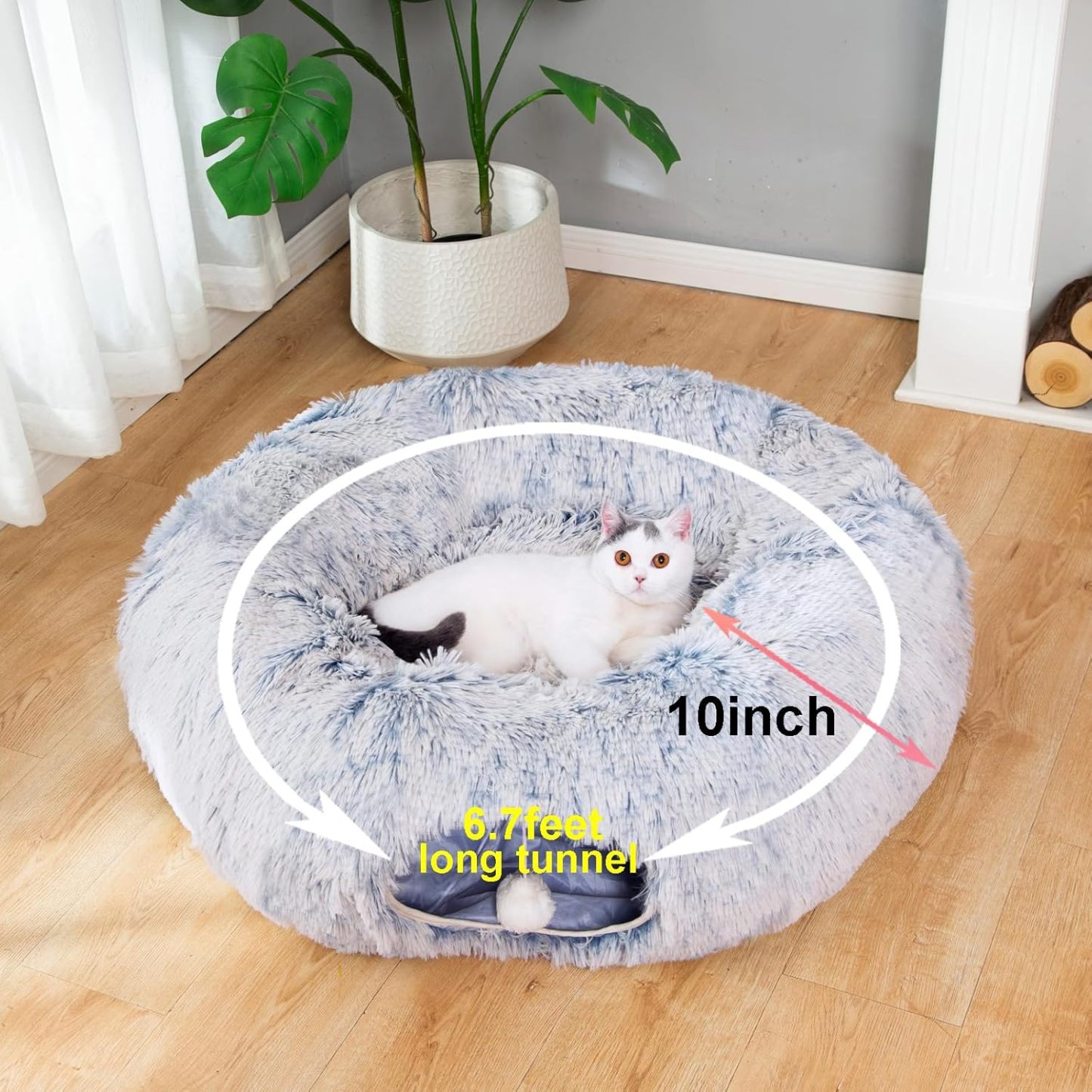 Warm Fluffy Plush Cat Dog Tunnel Bed with Washable Cushion-Big Tube Playground Toys 3 FT Diameter Longer Crinkle Collapsible 3 Way, for Indoor Cat Kitty Kitten Puppy Rabbit Ferret Blue