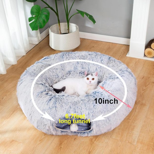Warm Fluffy Plush Cat Dog Tunnel Bed with Washable Cushion-Big Tube Playground Toys 3 FT Diameter Longer Crinkle Collapsible 3 Way, for Indoor Cat Kitty Kitten Puppy Rabbit Ferret Blue